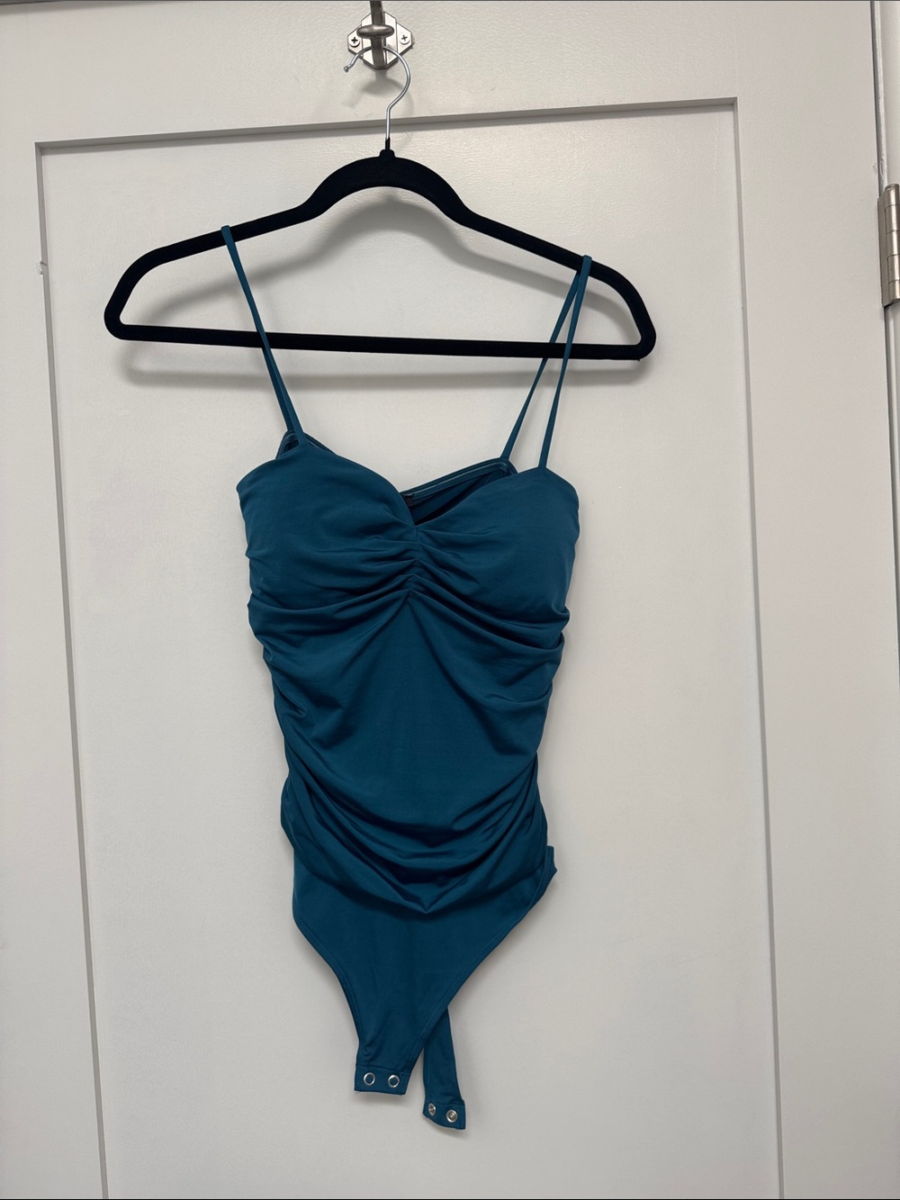 Express Teal Ruched Spaghetti-Strap Bodysuit